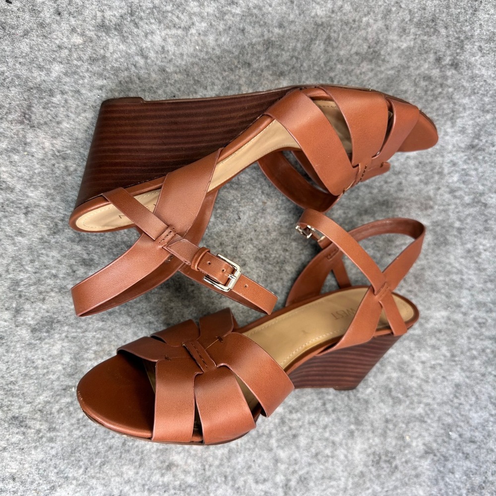 Nine West Womens Cognac Brown Wedge Sandals Ankle Strap Open Toe Heels - Picture 9 of 11